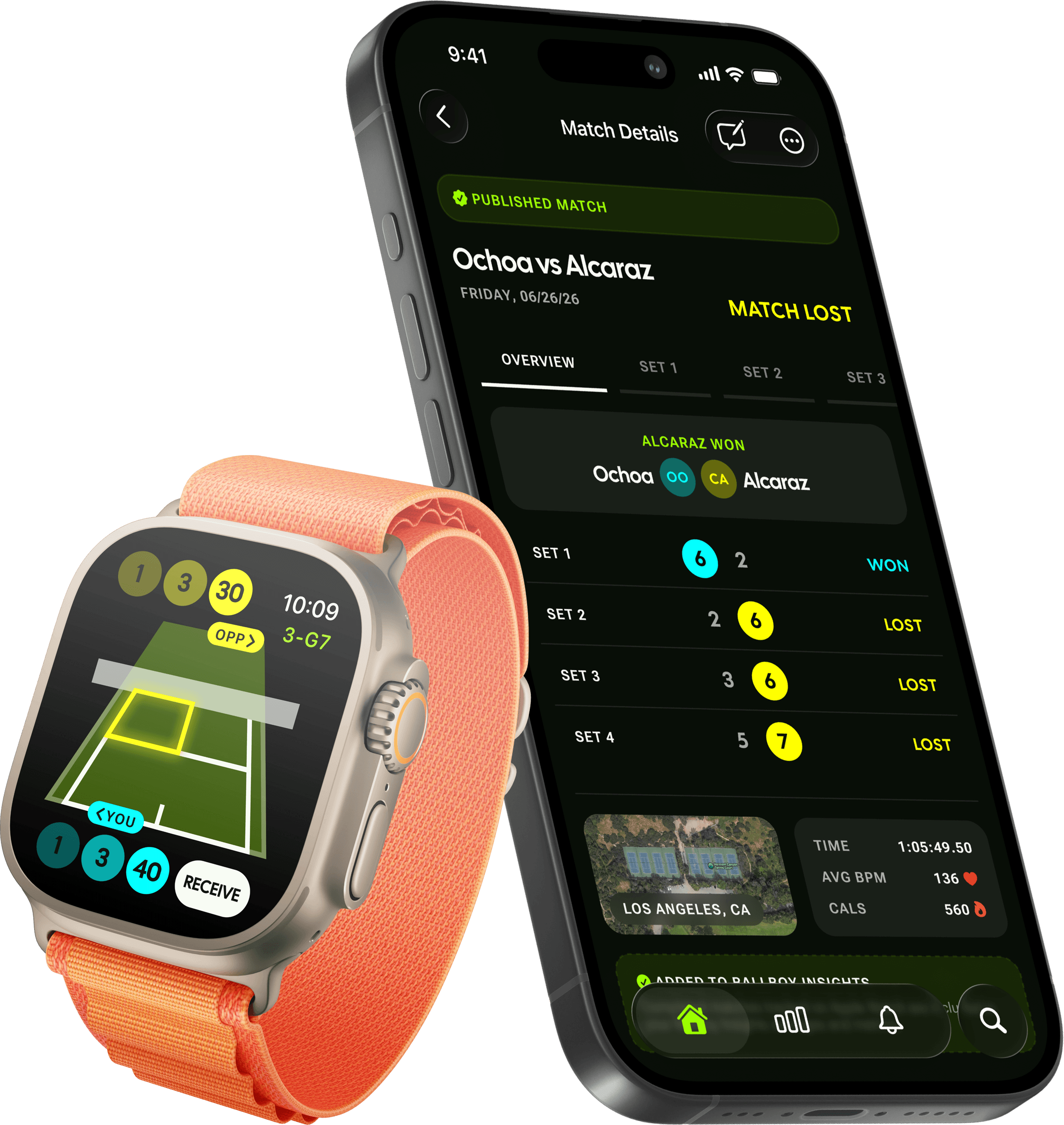 Ballboy on Apple Watch and iPhone — Live Court scoring on the watch, full match details on the phone