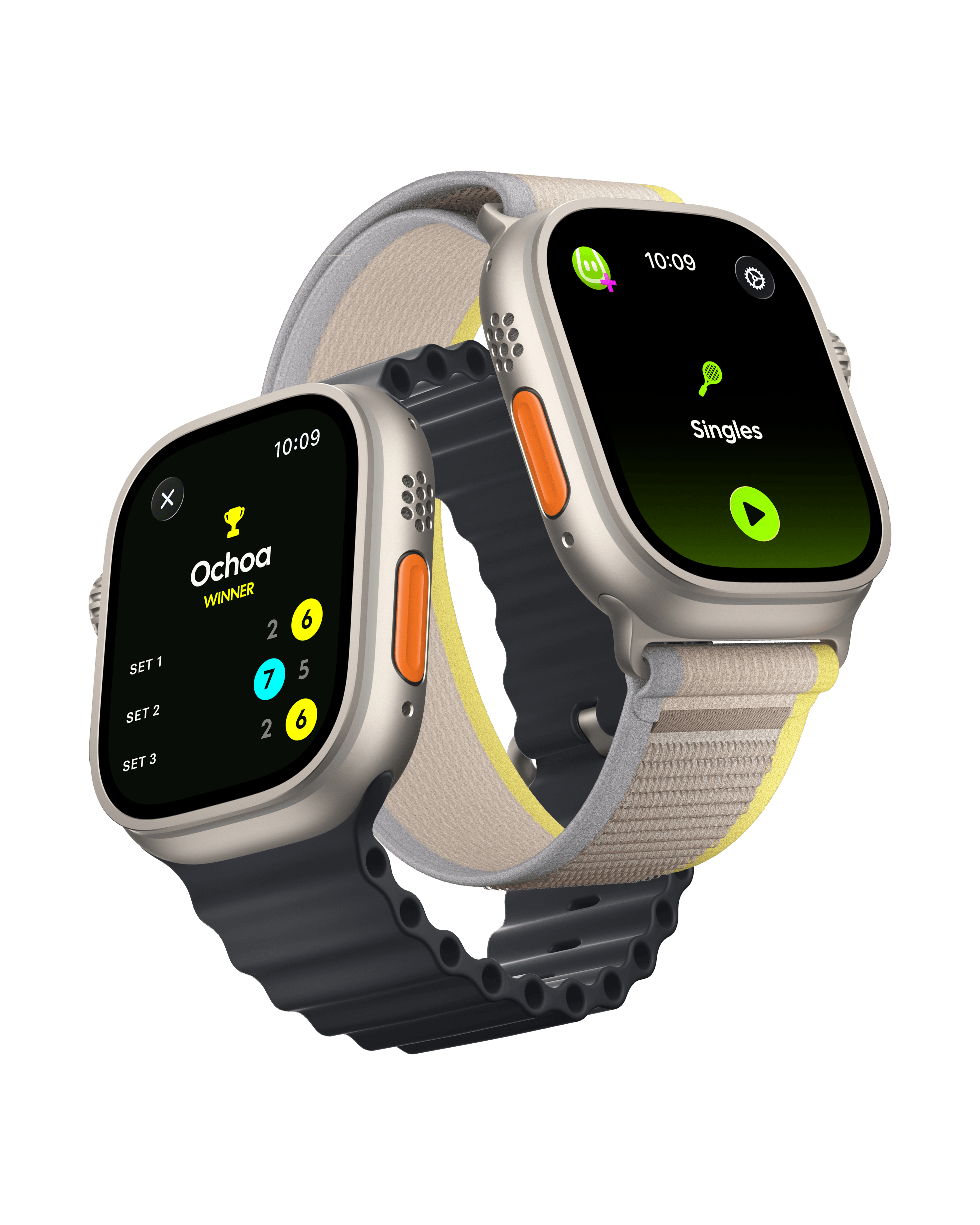 Ballboy on two Apple Watches — the home screen ready to start a Singles match, and the winner screen celebrating a won match with its set scores